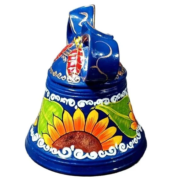 Cobalt Blue Mexican Talavera Sunflowe Bell Pottery Kitchen Canister Cookie Jar - Picture 5 of 8